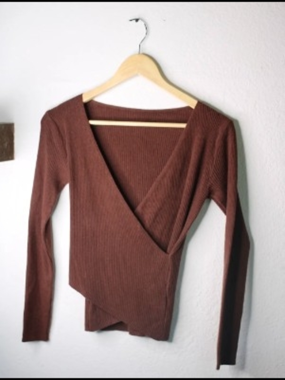 Brown Ribbed Wrap-Front Long Sleeve Top